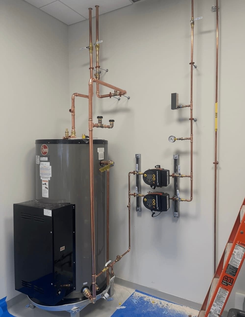 Commercial water heater and circulator pump installation by Lucas Plumbing, greater Boston