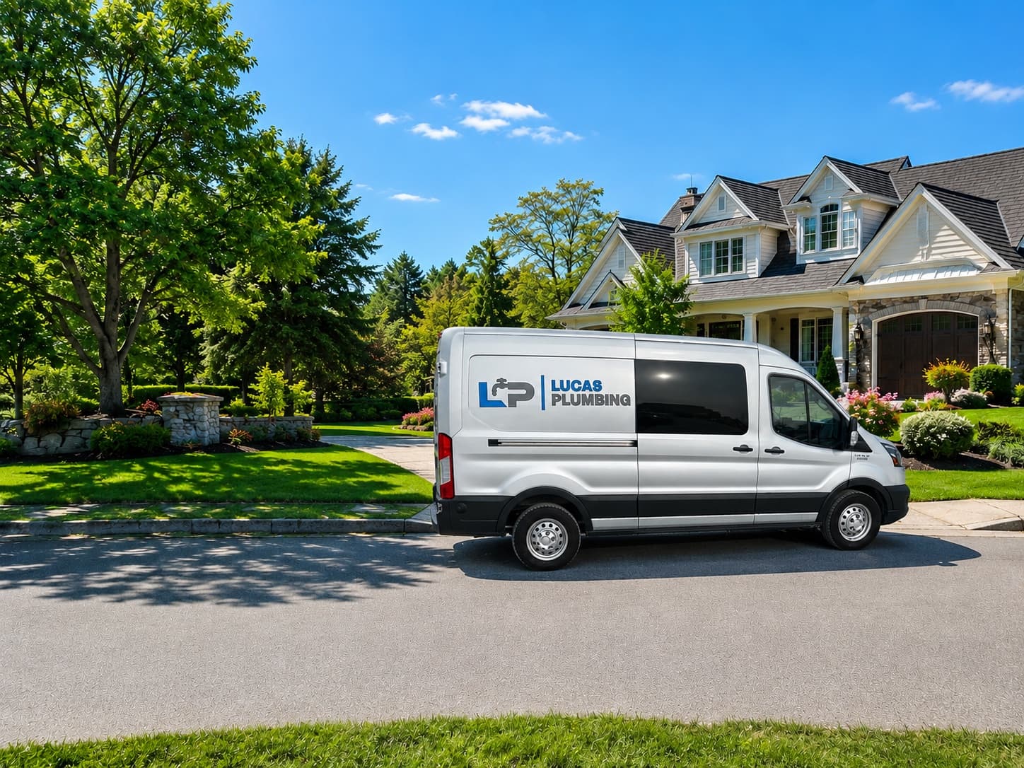 Lucas Plumbing service van parked outside a home in Weston, MA
